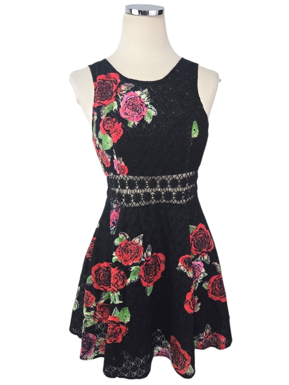 Free People Vampire Diaries Dress 6 Black Rose Floral Crochet Cutout Fit Flare